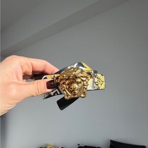 Versace Gold Medusa Buckle Belt with Black and Yellow Accents
